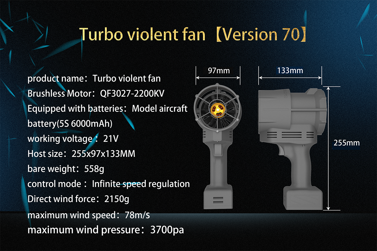 QX-MFLU 2150G high-power turbine 70mm violent fan, portable handheld industrial powerful fan, used for water dust snow removal