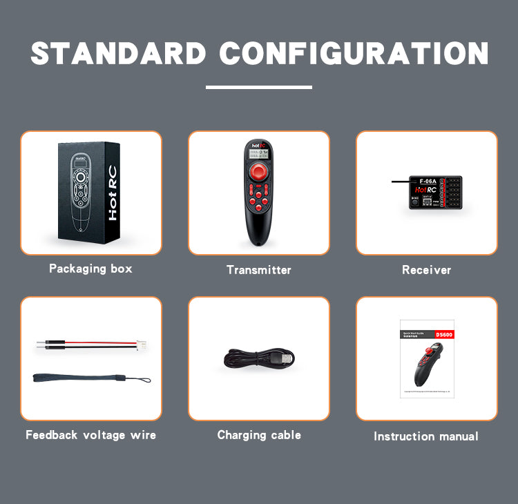 HOTRC DS600 Remote Controller 6CH 2.4GHz Radio System Transmitter Screen with F-06A Receiver for RC Model car/Trawl boat/Fishing Boat
