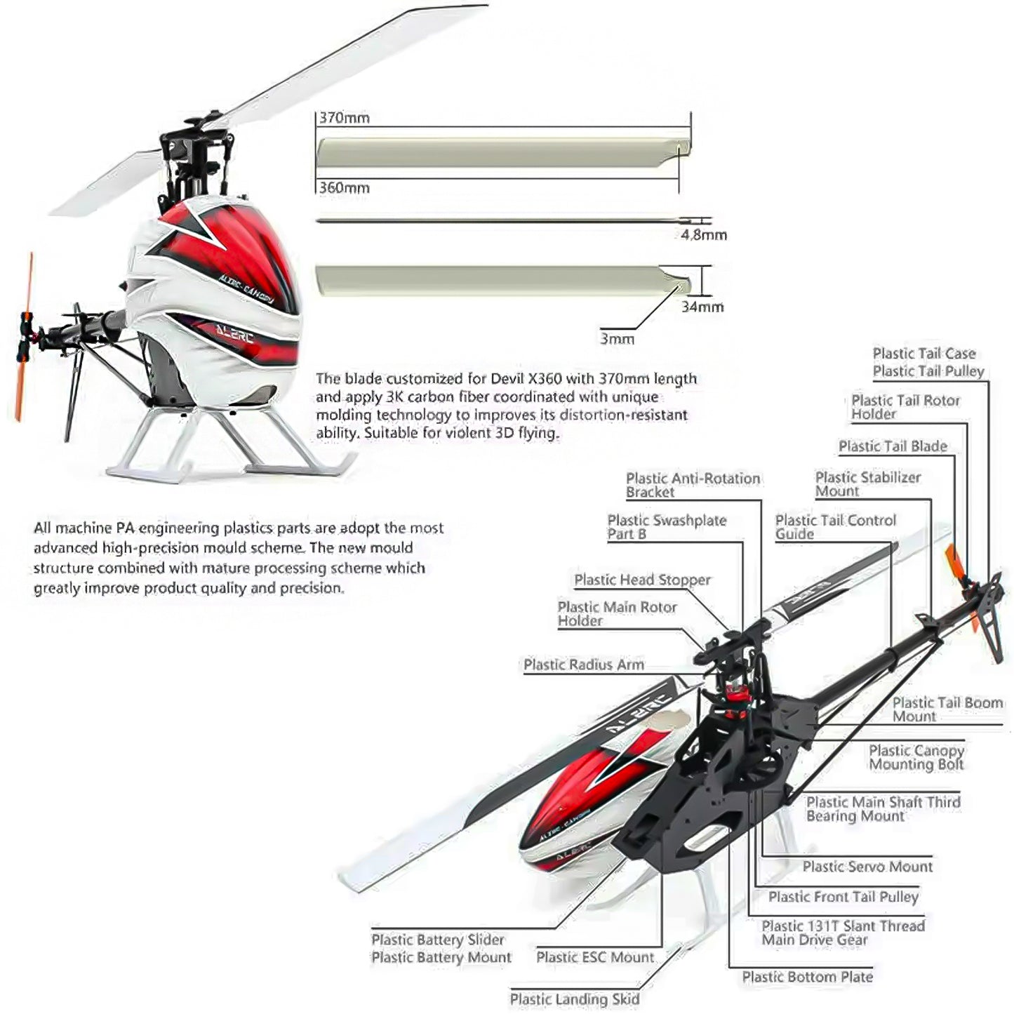 ALZRC-Devil X360 FBL Remote Control 3D Helicopter Kit Empty Frame KIT With Canopy and Blades for Beginner