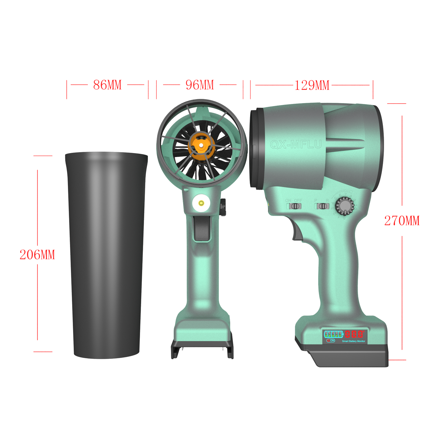 QX-MFLU 1900G 64mm portable violent fan, a powerful handheld fan suitable for outdoor water/dust/snow removal