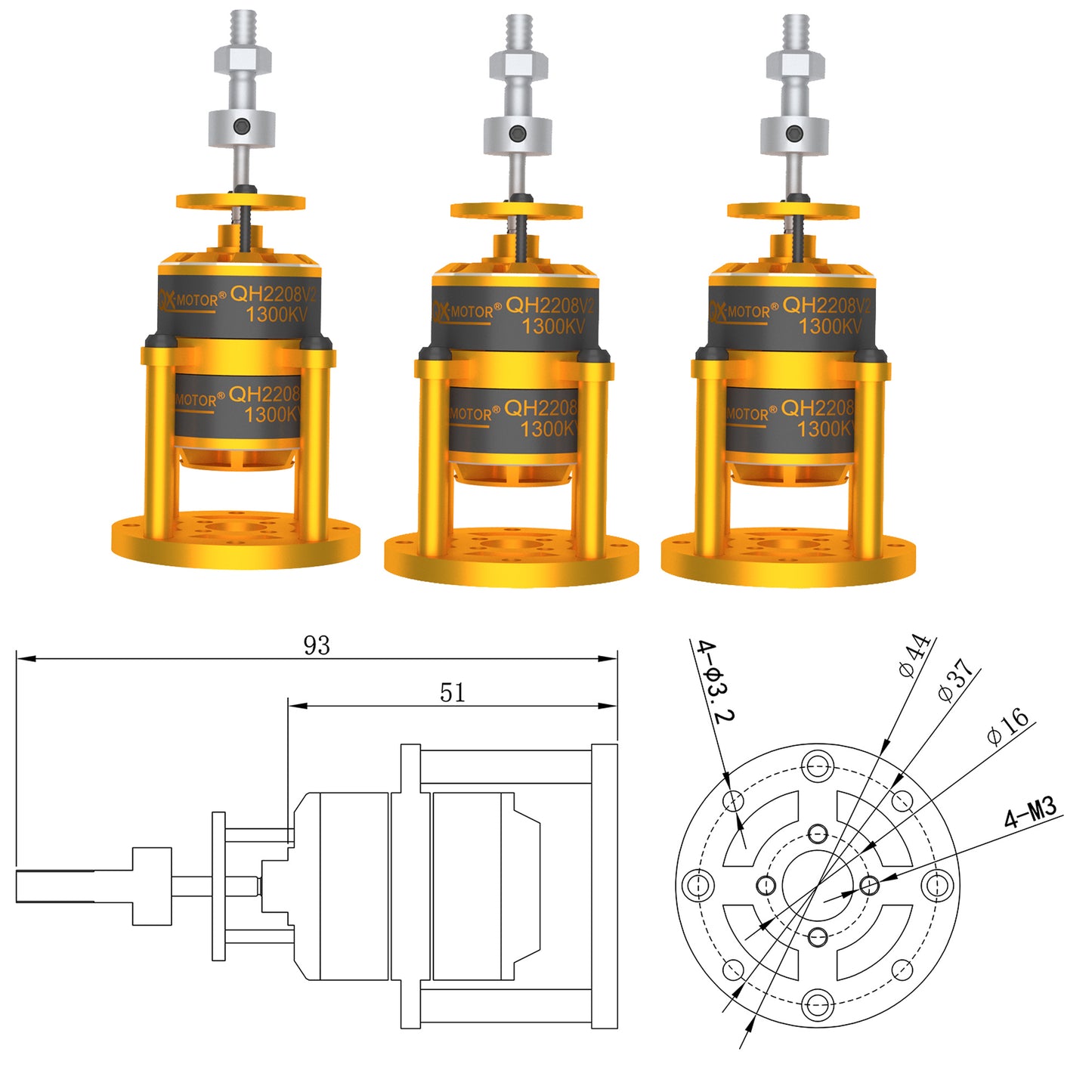 QX-MOTOR QH2208-V2 1300kv coaxial dual propeller brushless motor, paired with 8045 9047 propeller, suitable for toy accessories