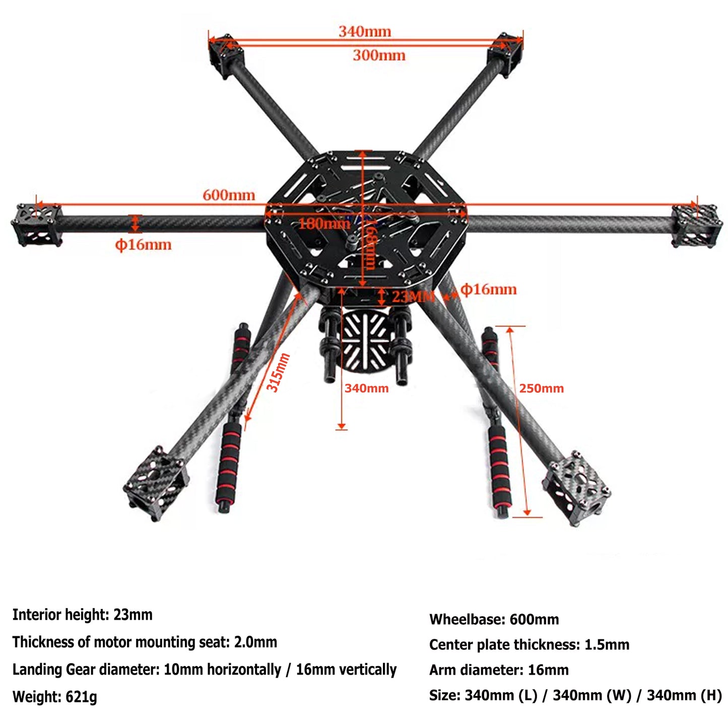 FPV Frame X6-X600 600mm Hexacopter Framework with Carbon Fiber Landing for RC Multicopter S550 SK500 Upgraded Version