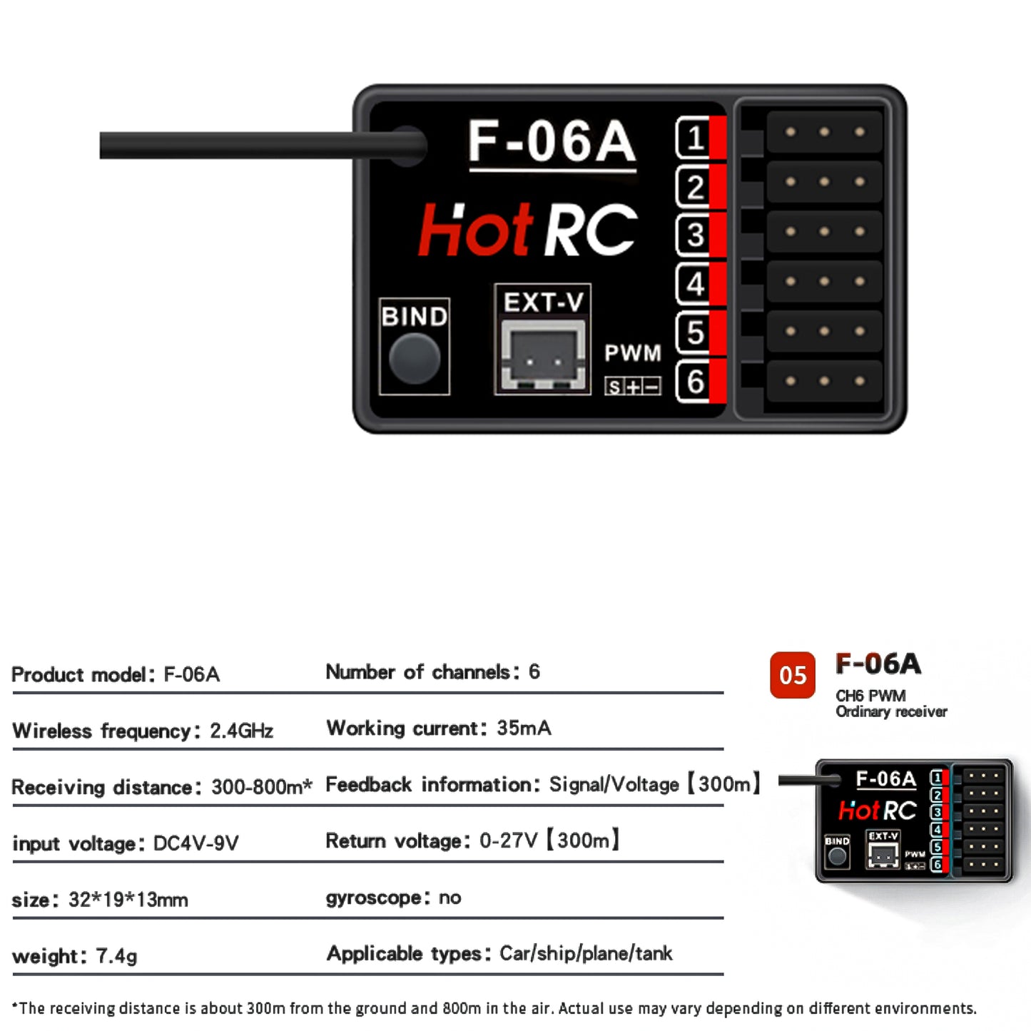 HOTRC DS600 Remote Controller 6CH 2.4GHz Radio System Transmitter Screen with F-06A Receiver for RC Model car/Trawl boat/Fishing Boat