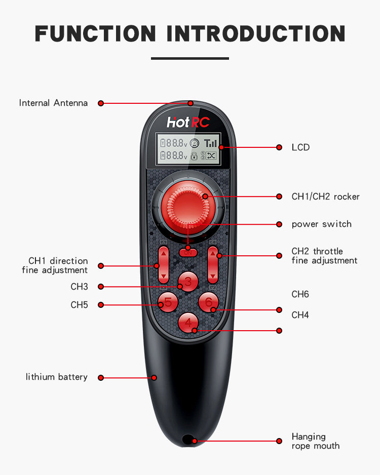 HOTRC DS600 Remote Controller 6CH 2.4GHz Radio System Transmitter Screen with F-06A Receiver for RC Model car/Trawl boat/Fishing Boat