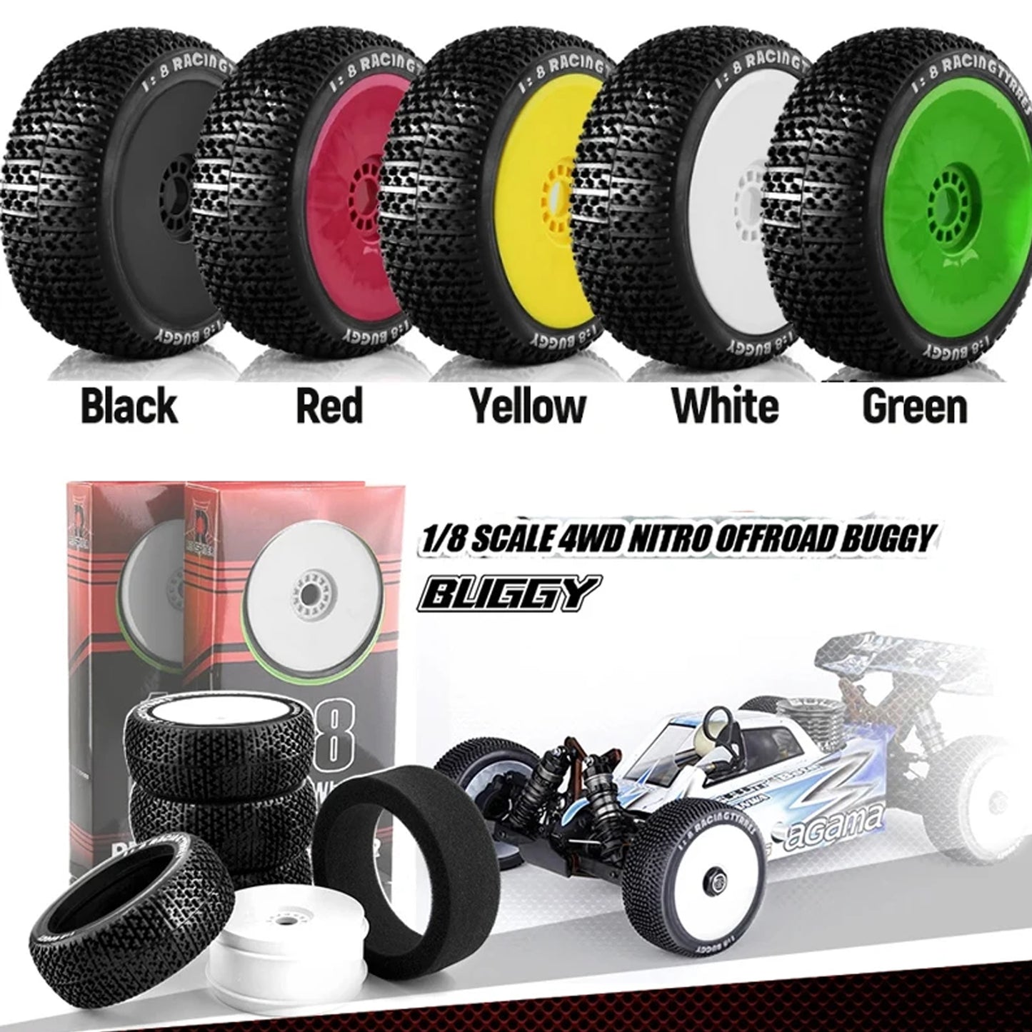 4Pcs 1/8 4WD Nitro Off Road Buggy Tires Wheel Rims 17mm Hex for 1:8 Scale RC Car HSP HPI Kyosho ZD Hongnuo Redcat Traxxas
