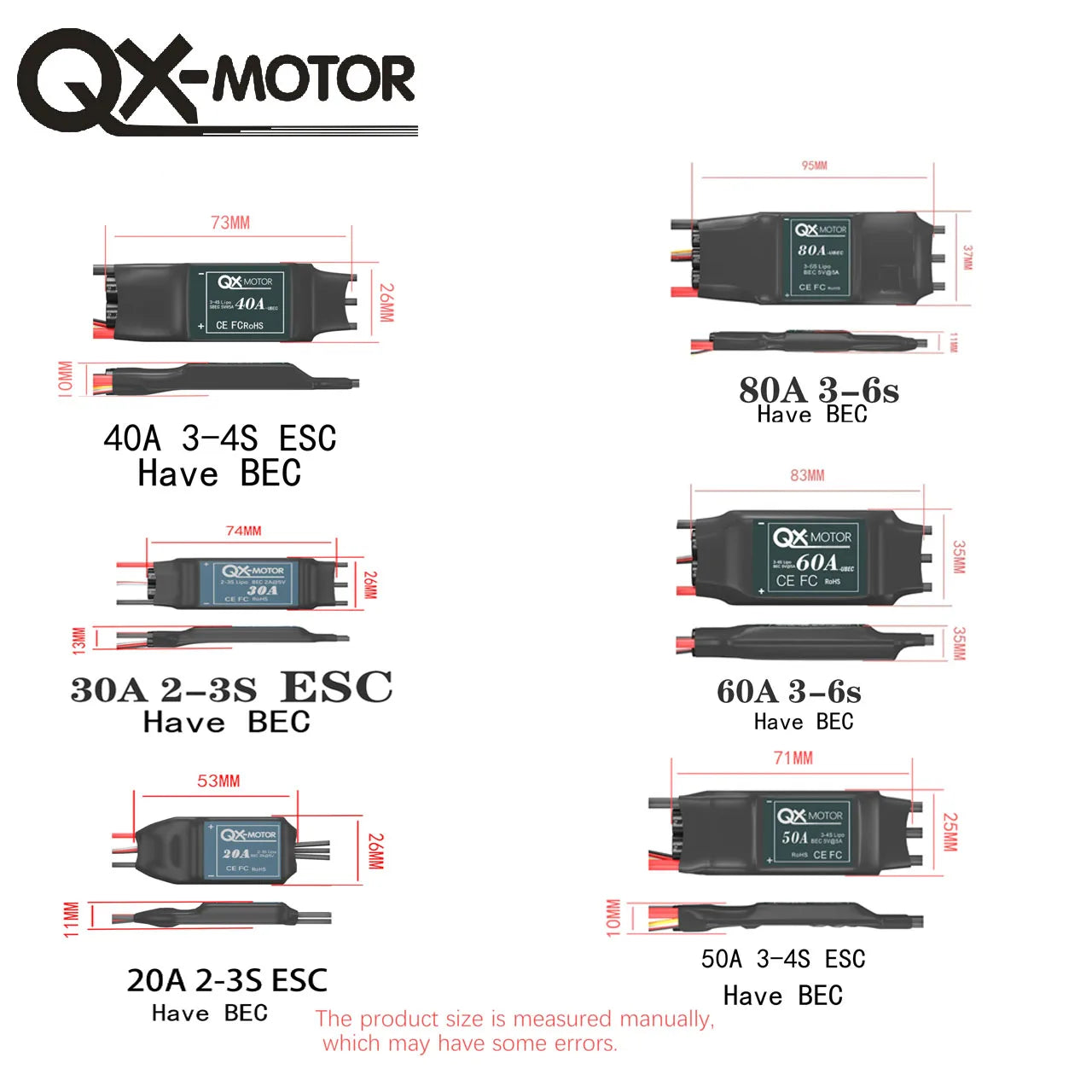 QX-MOTOR Brushless ESC 20A 30A 40A 50A 60A 80A Electronic Speed Controller 5V/2A 5V/5A BEC for RC Remote Control Aircraft Toys