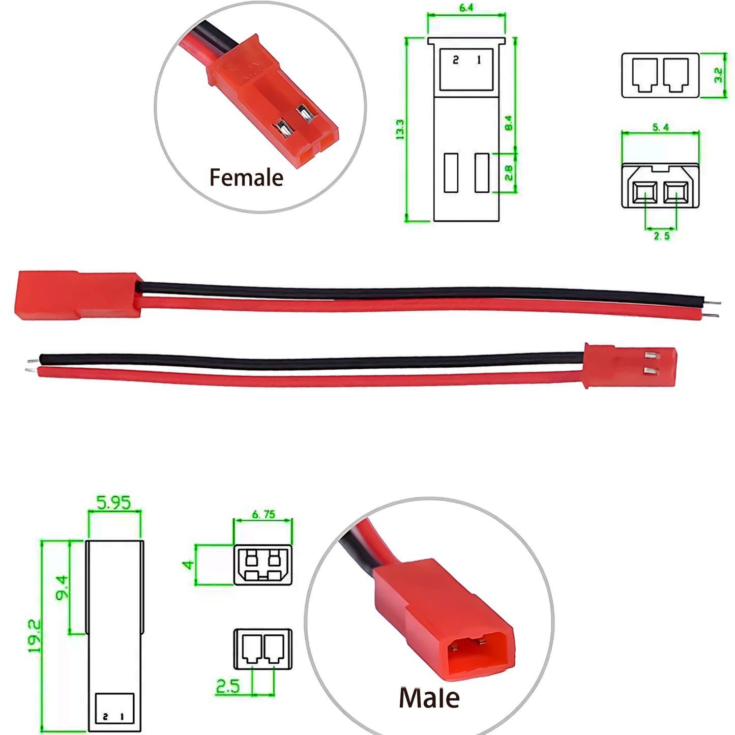 10Pairs 100mm 2 Pin JST Plug Connector Male+Female Plug Connector Cable Wire  Suitable for LED Light Strip Remote Control Toy Battery