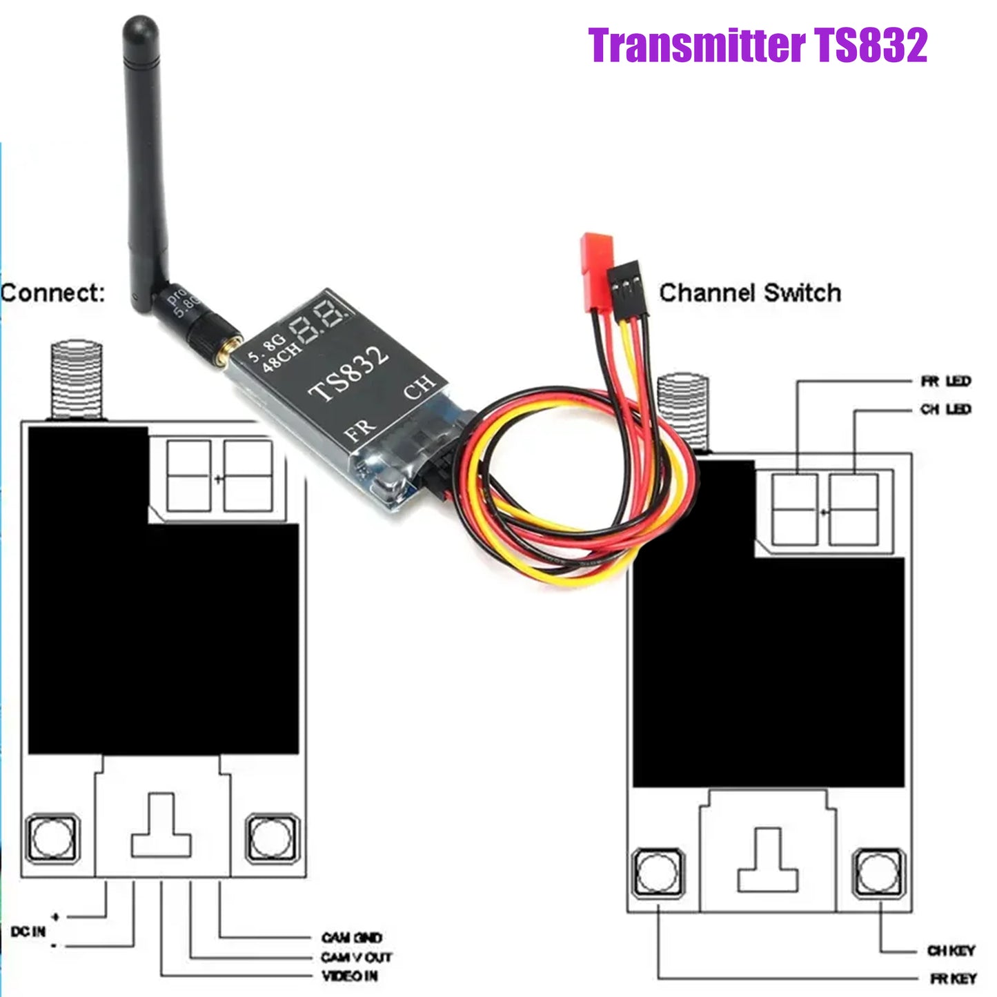 48CH 5.8G 600mw 5km Wireless AV Transmitter TS832 +1000TVL Camera for RC Multirotor Helicopter Quadcopter Multiaxis Drone Fixed-wing Parts