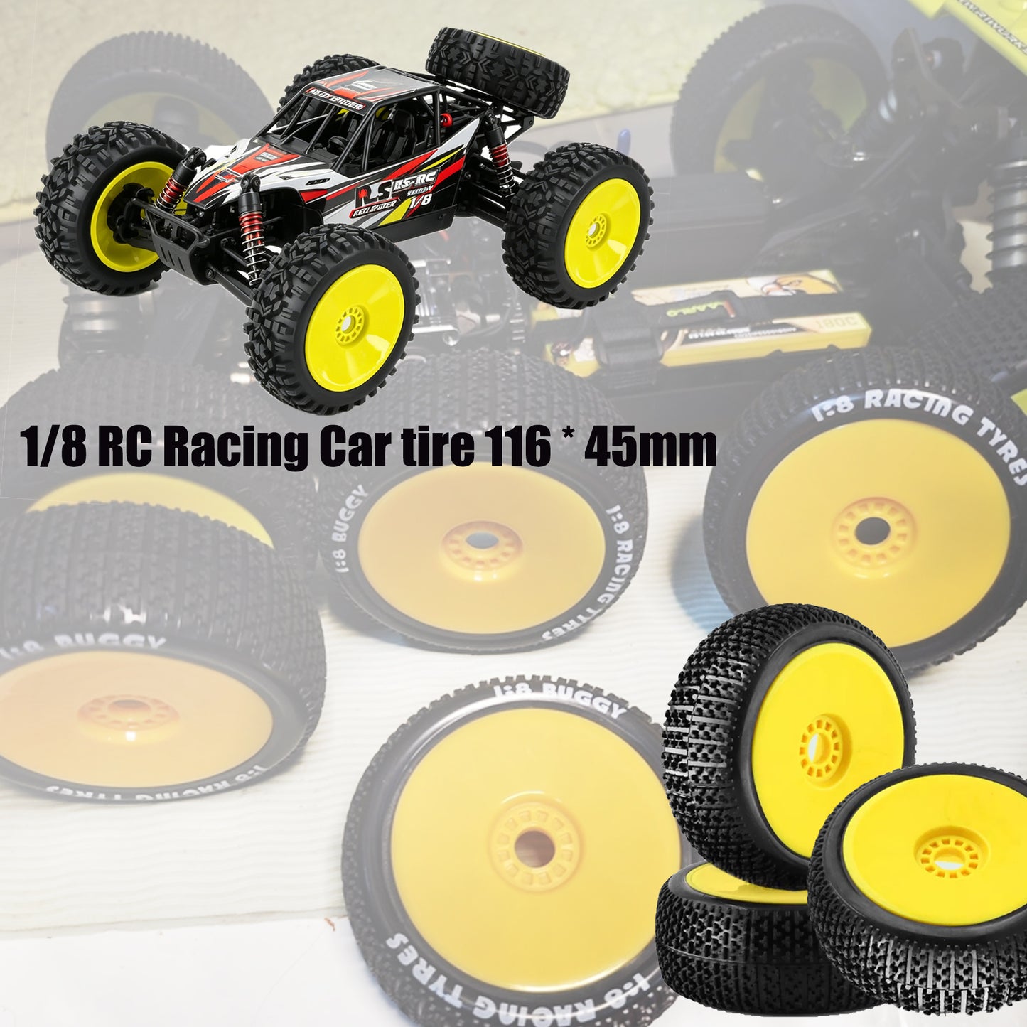 4Pcs 1/8 4WD Nitro Off Road Buggy Tires Wheel Rims 17mm Hex for 1:8 Scale RC Car HSP HPI Kyosho ZD Hongnuo Redcat Traxxas