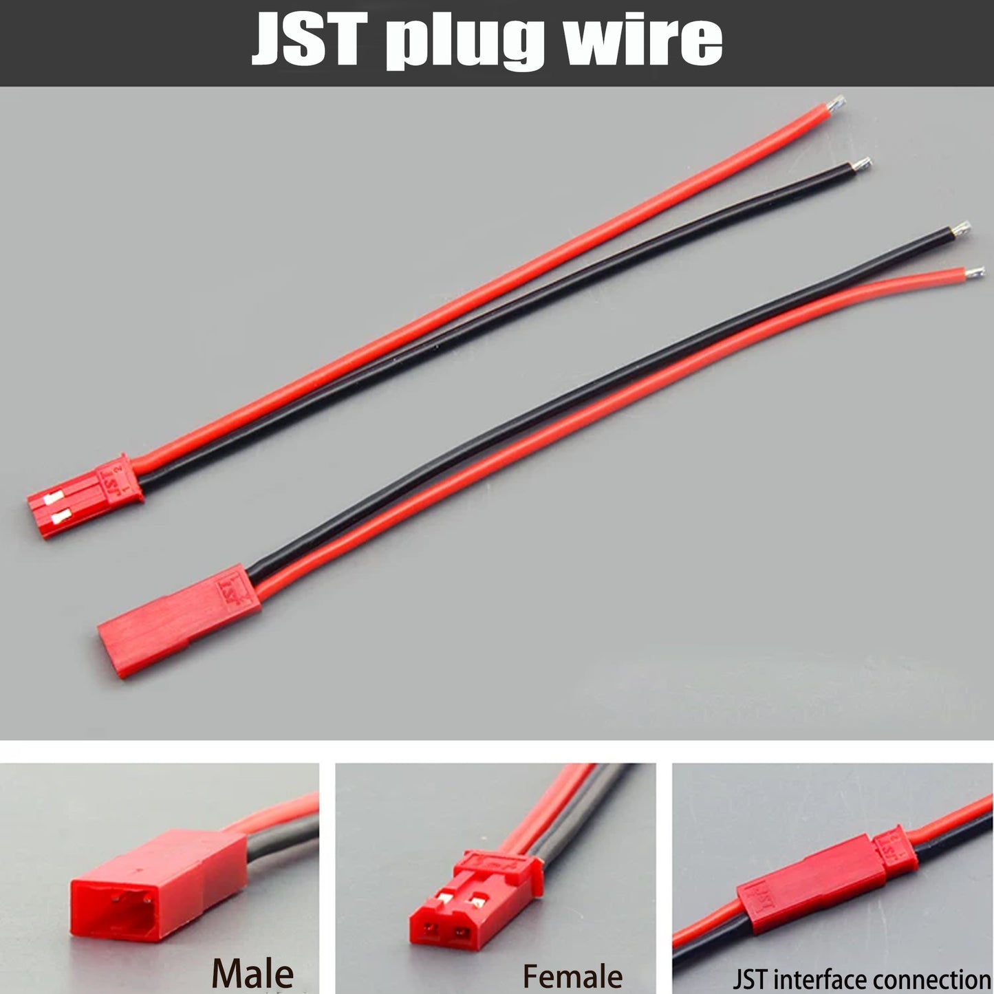 10Pairs 100mm 2 Pin JST Plug Connector Male+Female Plug Connector Cable Wire  Suitable for LED Light Strip Remote Control Toy Battery